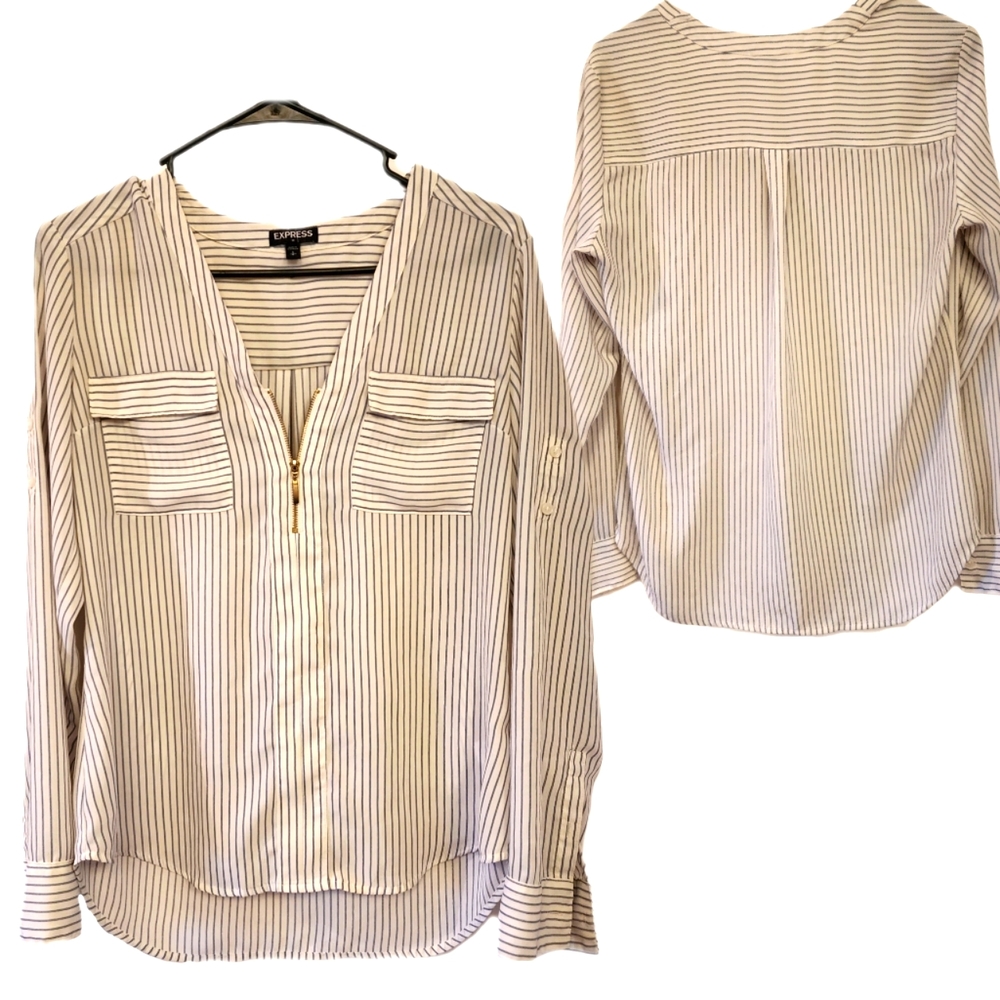 Express fluid striped black-and-white size small quarters zip blouse